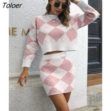 Sweater Two Piece Sets Womens Outfits Casual Plaid Crop Top High Waist Pink Mini Skirts Sets Autumn Winter Knitted