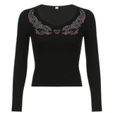 Diamonds Crop Top Black Long Sleeve Knitted T Shirt V Neck Basic Harajuku Pullovers Women Autumn Winter Tee Korean