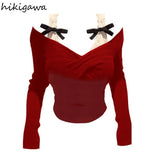 Color Crop Tops Women Patchwork Lace Fake Two T-shirt 2024 Ropa Mujer Slash Neck Long Sleeve Summer Tees Sexy Tshirts-Outfit