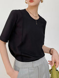 Women Black White Fold Brief Elegant T-shirt New Round Neck Half Sleeve Fashion Tide Spring Summer 2023