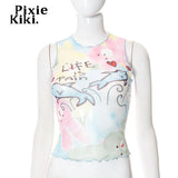 Sheer Mesh Frill Cropped Tops Cute Y2k Tank Tops Streetwear Fashion Trends Women Clothing Graphic Tees