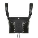 Sexy PU Leather Goth Punk Lace-Up Bandage Black Bustier Women Corset Streetwear Underbust Support Braces Shaper