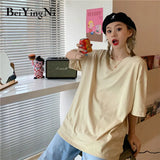 Plus Size Cotton Woman T Shirt Solid Color Loose Oversized T-shirt Female Summer Short Sleeve Korean Top White