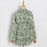 Floral Print Dress Women Clothing Colorblock High Waist Stand Collar Lantern Sleeve Mini Dresses Female 2022