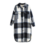 Vintage Plaid Long Woolen Coat Women Long Sleeve Pockets Overcoat Female Turn Down Collar Loose Outerwear Coats