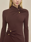 Brown Metallic Button Decoration Knitted Dress High-Necked Long Sleeves Elegant