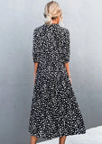 Vintage V-neck Half Sleeves Dot Print Midi Loose Holiday