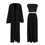 Loose Minimalist Three Piece Set For Women Slim Vest Lantern Long Sleeve Coat Wide Leg Pants Casual Sets Female