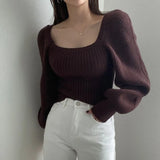 2022 New Autumn Winter Puff Sleeve Women's Sweater Casual Solid Sqaure Collar Knitting Pullovers Knitwear Elegant