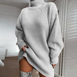 Turtleneck Sweater Dresses Autumn Solid Loose Knitted Dress Elegant Long Sleeve Oversized Winter Female Mini Sweater