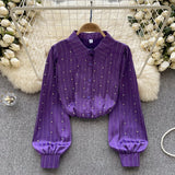 Socialite Style High-End Shirt Autumn And Winter Lantern Sleeve Diamond-Encrusted Loose Design Minority Light Extravagant Blouse-Outfit