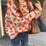 New Autumn Winter Women Cherry Sweaters Long Sleeve O-neck Causal Knitted Pullover Tops Sweet Pull Jumpers Retro