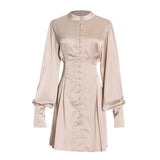 Vintage Plain Dress For Women Stand Collar Loose Long Lantern Sleeve High Waist Mini Dresses Female 2022 Spring
