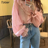Pink Blouses Women Flare Sleeve V-neck Ruffles Gentle Temperament French Shirts Female OL Sweet Chiffon Top Versatile