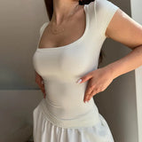 Solid Color U-Collar Tight Skinny Short-Sleeved T-Shirt Summer Basic Low-Collar Knitted Blouse-Outfit