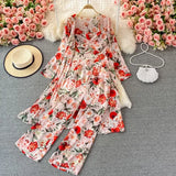 Bohemian Women 3 Pieces Set Female Elegant Long Cardigans + Strapless Camis + Wide Leg Pants Chiffon Suits New Spring Fall