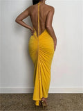 Women Halter Tie-up Backless Long Dress Slim Fit Solid Ruched Summer Party Dress Sleeveless Off Shoulder Vestido 2023-Outfit