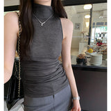 Wrinkle Waist High Collar Sleeveless Vest For Women In Spring And Summer The New Style Waist Shows Thin Black Underwear-Outfit