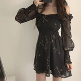 2023 Womens Sexy Black Dress Vintage Flower Long Puff Sleeve Chiffon Dresses Korean Casual Mini Vestidos Mujer