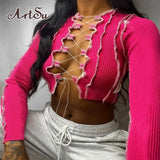 8 Colors Sexy Hollow Out Women Long Sleeve Crop Tops Striped Patchwork Drawstring Ribbed Bandage Fitness