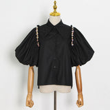 Elegant Solid Women's Shirt Lapel Puff Short Sleeve Patchwork Diamonds Loose Fashion Woman Blouses 2022