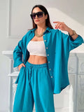 Solid Womens Tracksuit Long Sleeve Shirts And Elastic Waist Pants Lae-Up Casual 2 Piece Ladies Pants Set Button