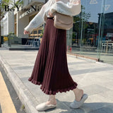 Knitted Skirt Women 2020 Autumn Winter Maxi Long Pleated Retro Spell Color Large Size Leisure Harajuku Skirt