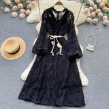 Vintage Hollow Out Lace Long Dress Women Elegant V-Neck Single Breasted Puff Sleeve High Waist Blue/Beige/Black Maxi Robe