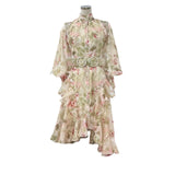 French Gentle Print Collar Lantern Sleeve Single Buckle Lotus Side Waist Dress With Belt