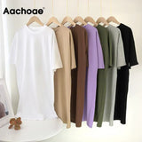 Women Casual Loose Solid 100% Cotton T Shirt Dress O Neck Mini Dress Batwing Short Sleeve Basic Dresses