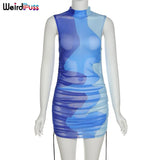 Puss Cyber Y2K Mesh Sexy Women Party Dress Fashion Patchwork Bodycon Skinny Sleeveless Side Drawstring Lace Up