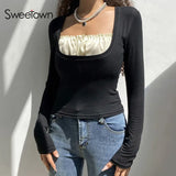 Autumn 2021 Black Woman Tshirts Contrast Patchwork Shirring Square Collar Elegant Fashion Long Sleeve Basic Top