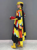 Loose Straight Midi Dresses For Women Lapel Long Sleeve Patchwork Single Breasted Print Casual Dress Female Spring