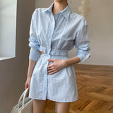 Striped Colorblock Shirt Dress For Women Lapel Long Sleeve Cut Out Single Breasted Mini Dresses Female 2022