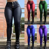 Faux Leather Pants Women High Waist Skinny Trousers Buttons Design Spring Summer Slim Fit PU Bodycon Pant Club Leggings