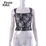 Y2k 2000s Tank Tops Womans See Through Lace Mesh Black Backless Sleeveless Cropped Shirts Coquette Aesthetic