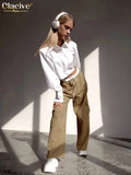 Winter Khaki Women Pants 2022 Fashion Loose High Waist Full Length Cargo Pants Elegant Patching Straight Trousers