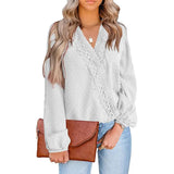 Blouses For Women Fashion Lace Patchwork V Neck Long Sleeve Office Work Shirts Tops Lady Oversized Casual Chiffon