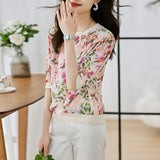 Toloer Shot Round Collar Jacket Women's Short Sleeve 2023 Summer New Thin High-End Hemp Print Temperament Five Sleeve T-Shirt-Outfit