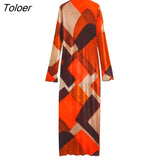 New Women High Street Color Matching Geometric Print Long Dress Female Stand Collar Ruffles Casual Party Vestidos