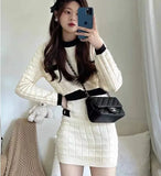 Knit Suit Women New Autumn Contrast Color O Neck Long-sleeved Short Pullover Sweater And Bodycon Mini Skirt 2 Piece