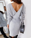 Off Shoulder Sweater Dress Women Backless Knitted Jumper Sexy Female Long Sleeve Spring Fall Elegant V Neck See Through