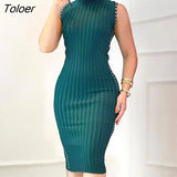 New Fashion Elegant Women High Neck Studded Decor Ribbed Sleeveless Green Sexy Bodycon Dress Corset Party Wear Robes