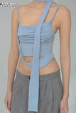 Y2k Streetwear Crop Tops Asymmetrical Ruched Backless Tank Top Baby Blue Camisole Summer Clothes for Womans