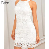 Lace Women's Dress Elegant Sleeveless Hollow White Slim Short Dress Summer Casual Fashion Basic Dresses For Women