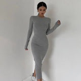 Quality Long Sleeve O-Neck Slim T Shirt Dress Spring Autumn Women Solid Casual Elegant Robe Bodycon
