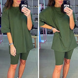 Biker Shorts Tracksuit 2 Pieces Set Female Solid Sets With Belt Half Sleeve 2021 Summer Streetwear Loose Casual New