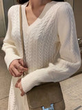 Lace-up Lantern Sleeve A-line Knitted Dress Temperament V-Neck Twist Pattern Knit Sweater Dress Women Autumn Winter