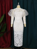 Round Neck Lace Basic Model Puff Sleeve Three-quarter Slim-fit Party