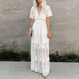 2022 Summer Boho Women Maxi Dress Loose Embroidery White Lace Long Tunic Beach Dress Vacation Holiday